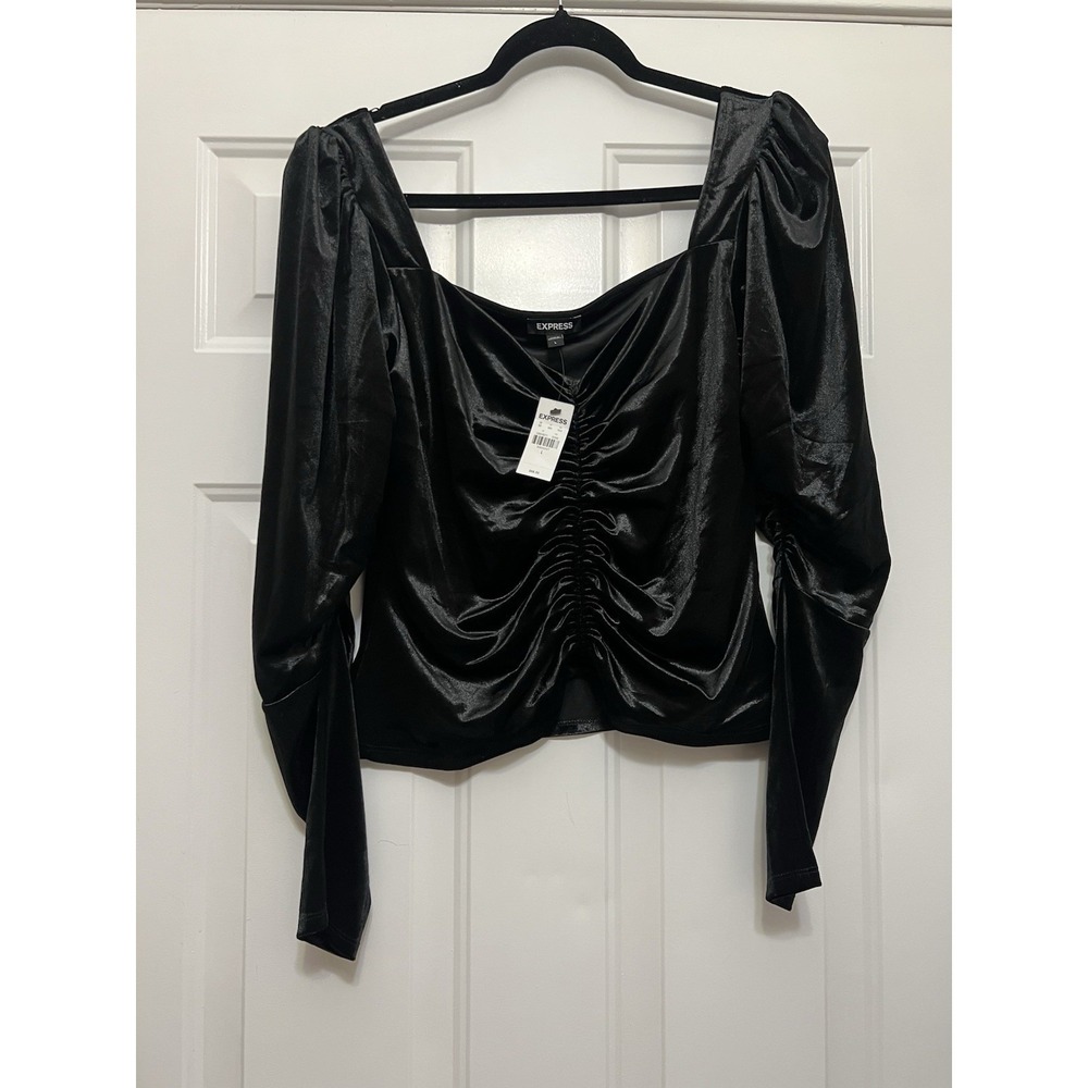 Express Black Velvet Ruched Puff Sleeve Top Large Sweetheart Whimsigoth Romantic